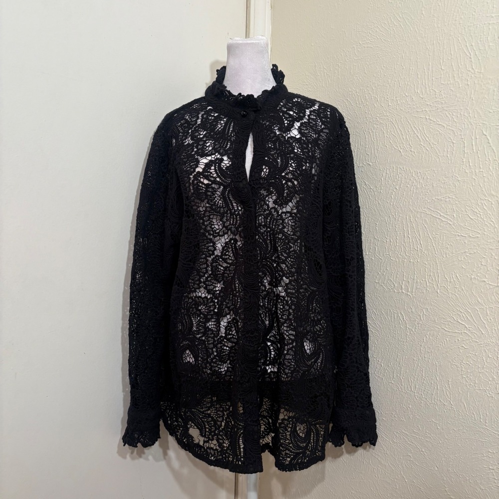 Black Eyelet Lace Button Mock Neck Keyhole Blouse Gothic Whimsigoth Boho Fall 1X